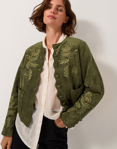 Ari Embroidered Faux Suede Jacket, Green (KHAKI), large