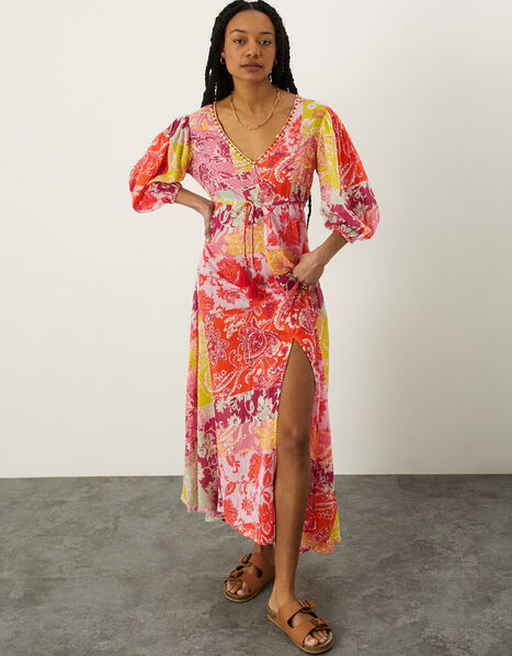 Leila Print Maxi Kaftan Dress in Sustainable Cotton Orange, Orange (ORANGE), large