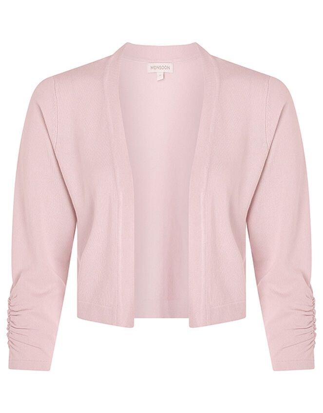 Riya Cropped Cardigan with Ruched Sleeves, Pink (BLUSH), large