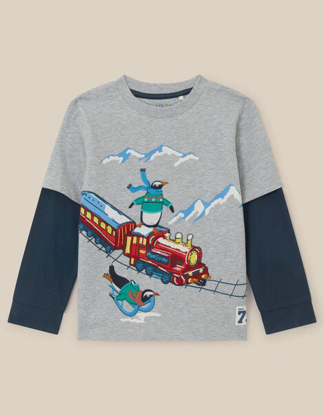 Penguin Embroidered Christmas Long Sleeve Top, Grey (GREY), large