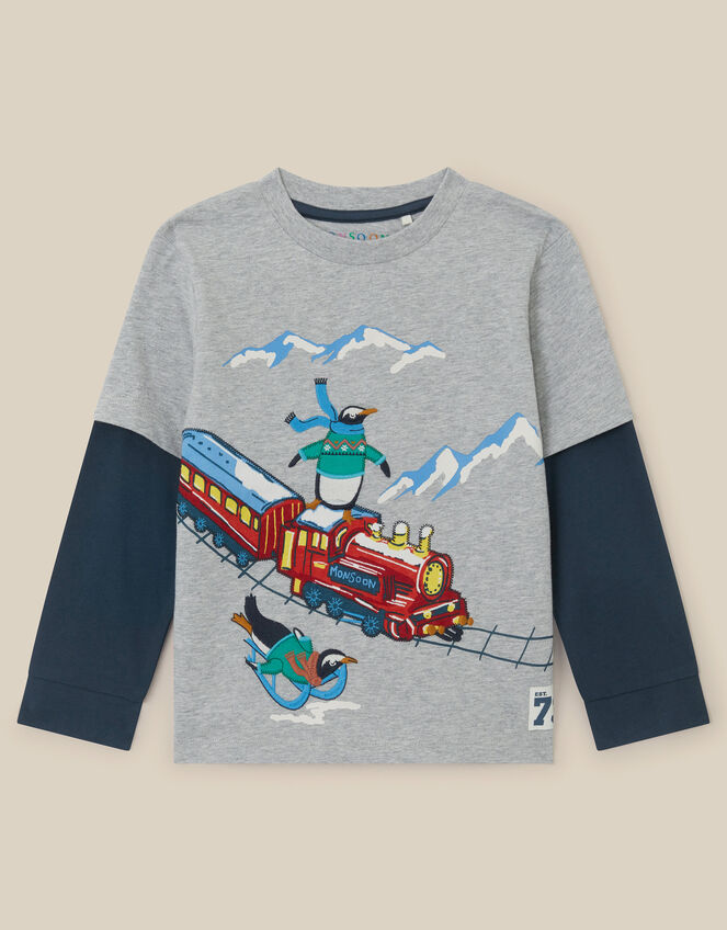 Penguin Embroidered Christmas Long Sleeve Top, Grey (GREY), large