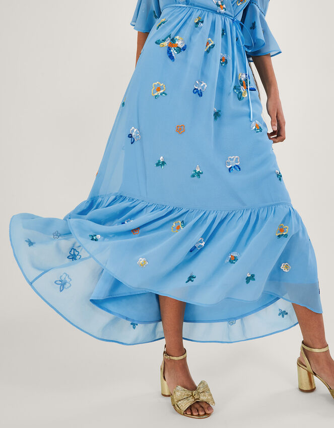 Daniella Embellished Wrap Dress in Recycled Polyester, Blue (BLUE), large
