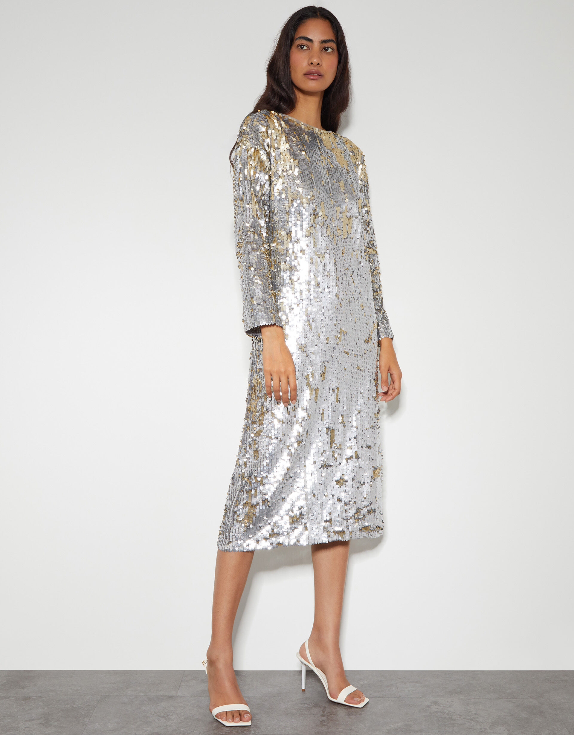 Marie Long Sleeve Sequin Midi Dress Silver
