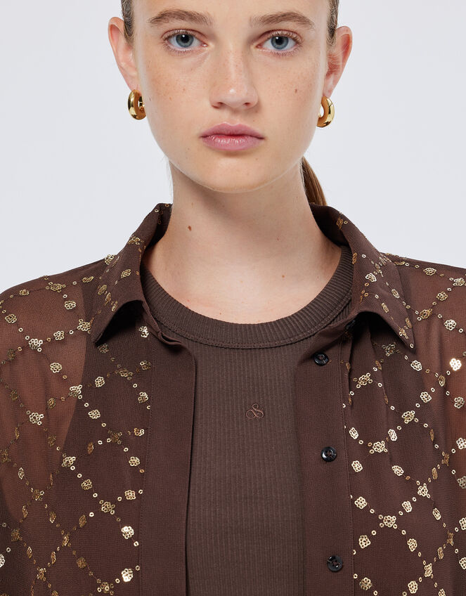 Scotch and Soda Sequin Embellished Sheer Shirt, Brown (BROWN), large