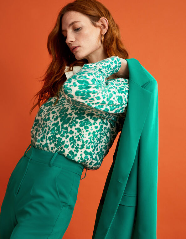 Animal Print V-Neck Sweater with Recycled Polyester, Green (GREEN), large