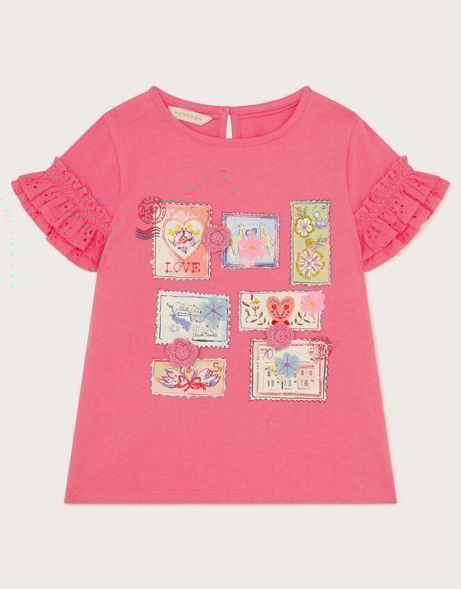 Stamp Print Ruffle T-Shirt, Pink (PINK), large