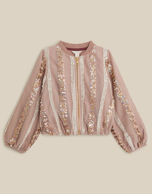 Sequin Stripe Bomber Jacket, Gold (GOLD), large