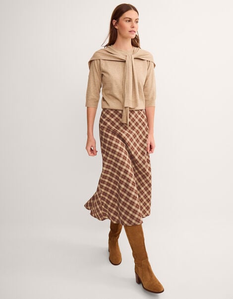 Frankie Check Print Midi Skirt, Brown (BROWN), large