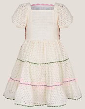 Crochet Broderie Puff-Sleeve Dress, Ivory (IVORY), large