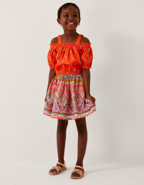 Floral Print Bardot Top & Skirt Set, Orange (ORANGE), large