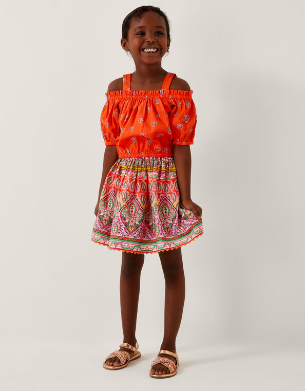 Floral Print Bardot Top & Skirt Set, Orange (ORANGE), large