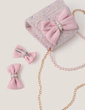 Bow Glitter Bag & Hair Clips Set, , large