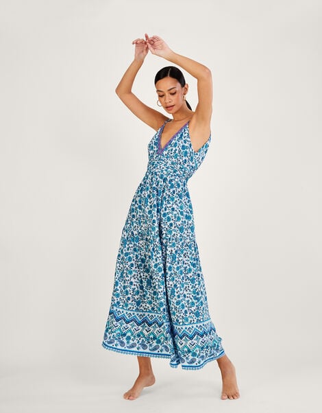 Floral Print Strappy Maxi Dress with LENZING™ ECOVERO™  Blue, Blue (BLUE), large