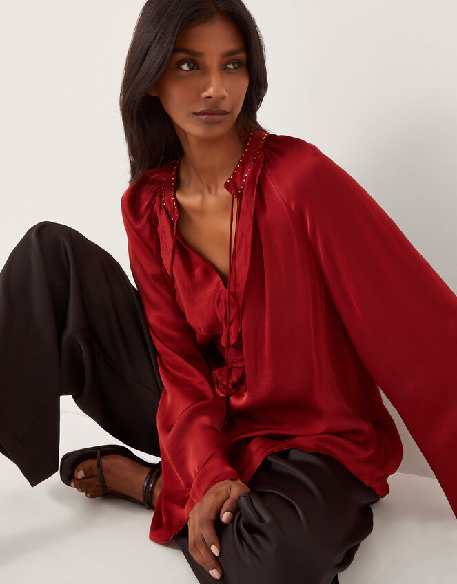 Arlette Frill V-Neck Blouse, Red (BURGUNDY), large