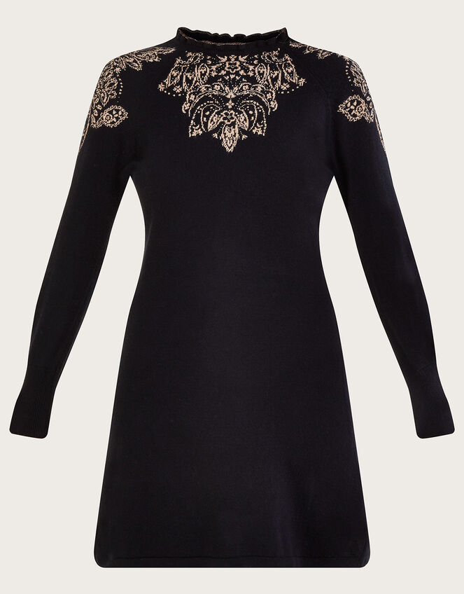 Frill Neck Metallic Print Dress with Sustainable Cotton, Black (BLACK), large