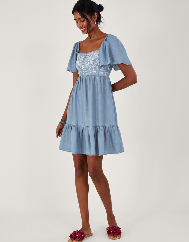 Women's Blue Denim Shirt Style Short Dress with Belt