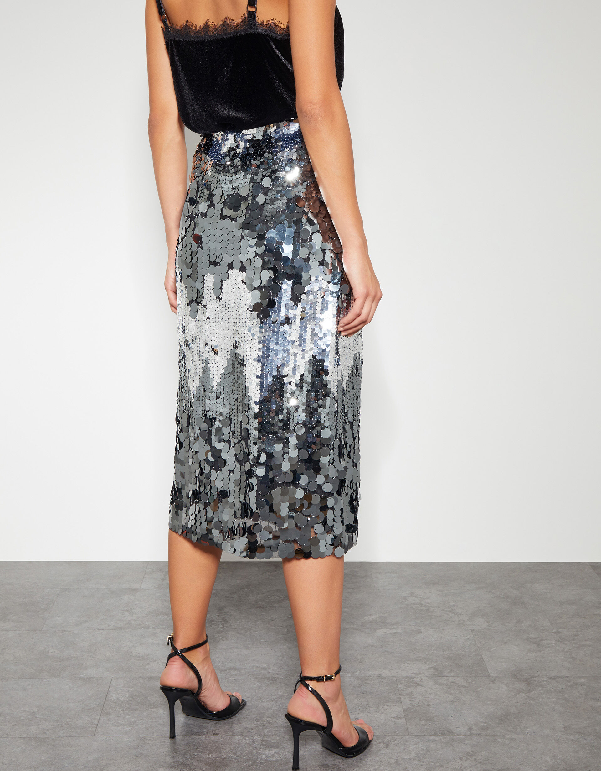 Sia Sequin Midi Skirt Silver