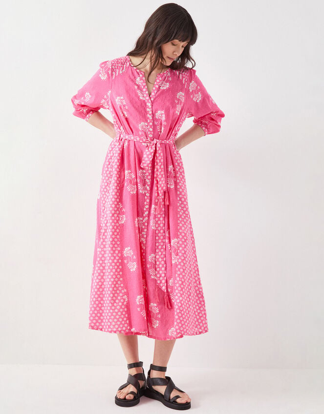 East Amber Hand-Screen Floral Print Midi Dress, Pink (PINK), large
