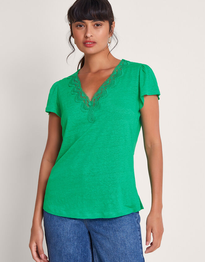 Lisa Lace Linen T-Shirt, Green (GREEN), large