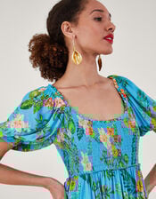 Limella Floral Print Shirred Dress in Sustainable Viscose, Blue (BLUE), large