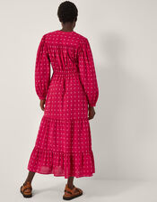 Poppy Long Sleeve Tiered Midi Dress, Red (RED), large