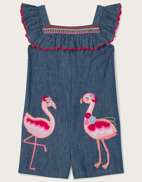 Baby Chambray Flamingo Applique Romper, Blue (BLUE), large
