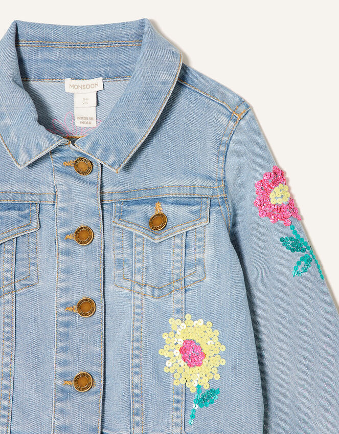 Sequin Flower Denim Jacket, Blue (BLUE), large
