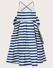 Stripe Bow Twill Party Dress, Blue (BLUE), large