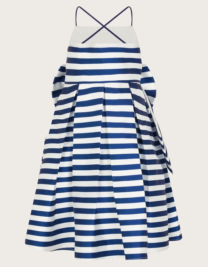 Stripe Bow Twill Party Dress, Blue (BLUE), large