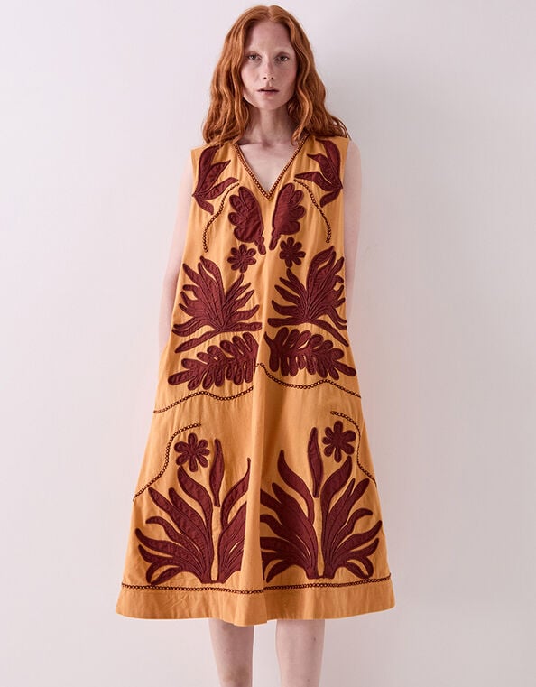 East Mella Appliqu&eacute; Cotton Midi Dress, Orange (ORANGE), large