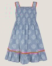 Shell Print Gingham Dress, Blue (BLUE), large