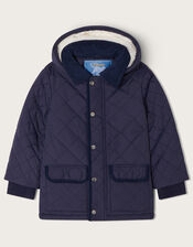 Quilted Collared Coat with Hood, Blue (NAVY), large