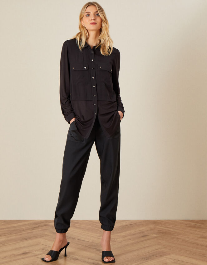 Woven-Jersey Mix Longline Shirt, Black (BLACK), large