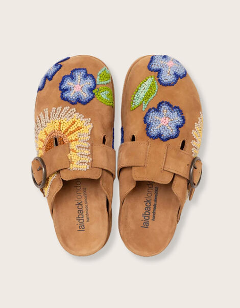 Laidback London Handwoven French Knot Embroidered Suede Clogs, Tan (TAN), large