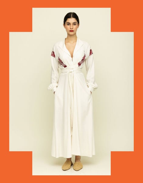 Tallulah & Hope Mitzi Embroidered Wrap Dress, Camel (OATMEAL), large