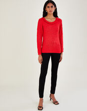 Scoop Neck Pointelle Sweater with Recycled Polyester, Red (RED), large