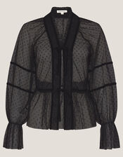 Lina Sheer Polka Dot Lace Blouse, Black (BLACK), large