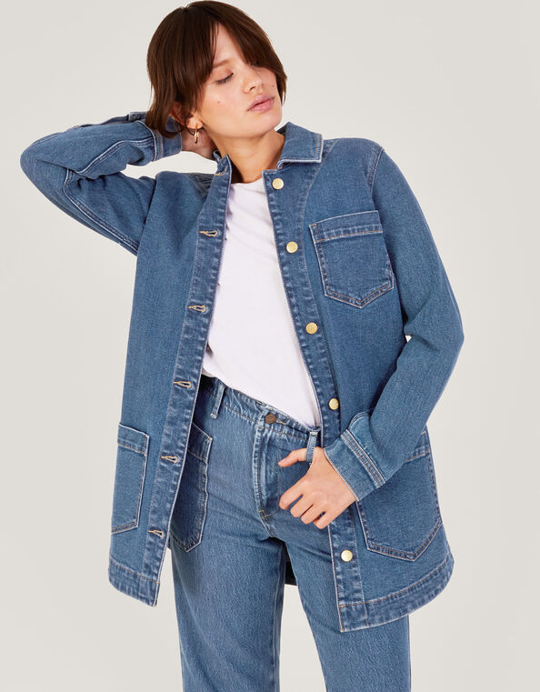 Mindy Longline Denim Jacket with Sustainable Cotton, Blue (DENIM BLUE), large