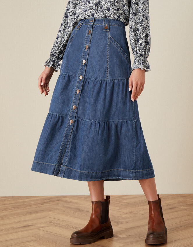 Tiered Denim Midi Skirt, Blue (DENIM BLUE), large