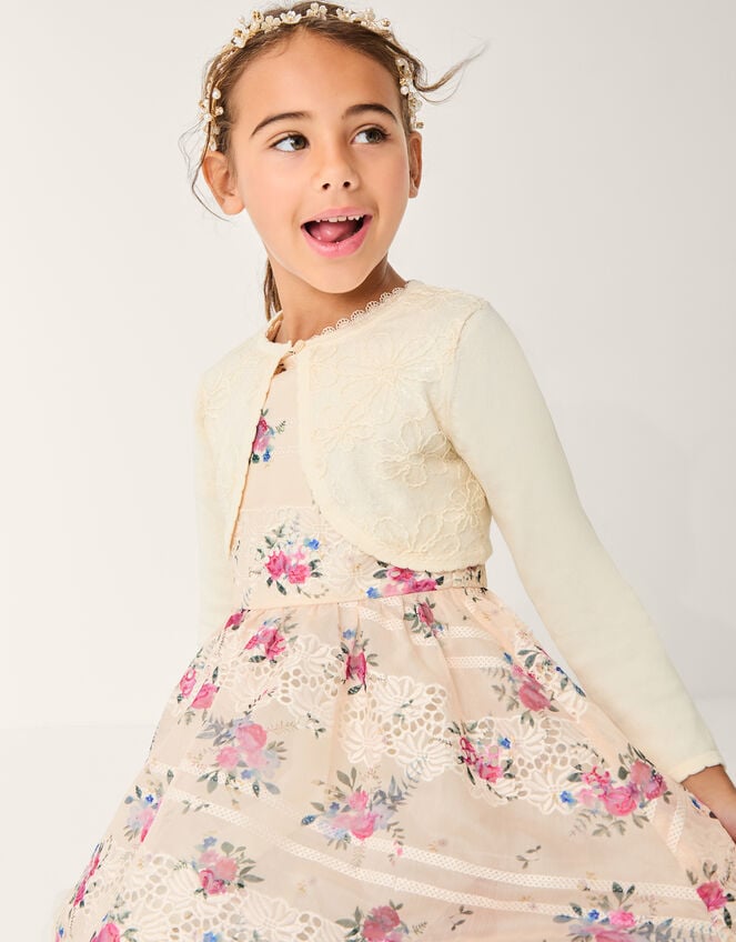 Sequin Flower Embellished Cardigan, White (WARM IVORY), large