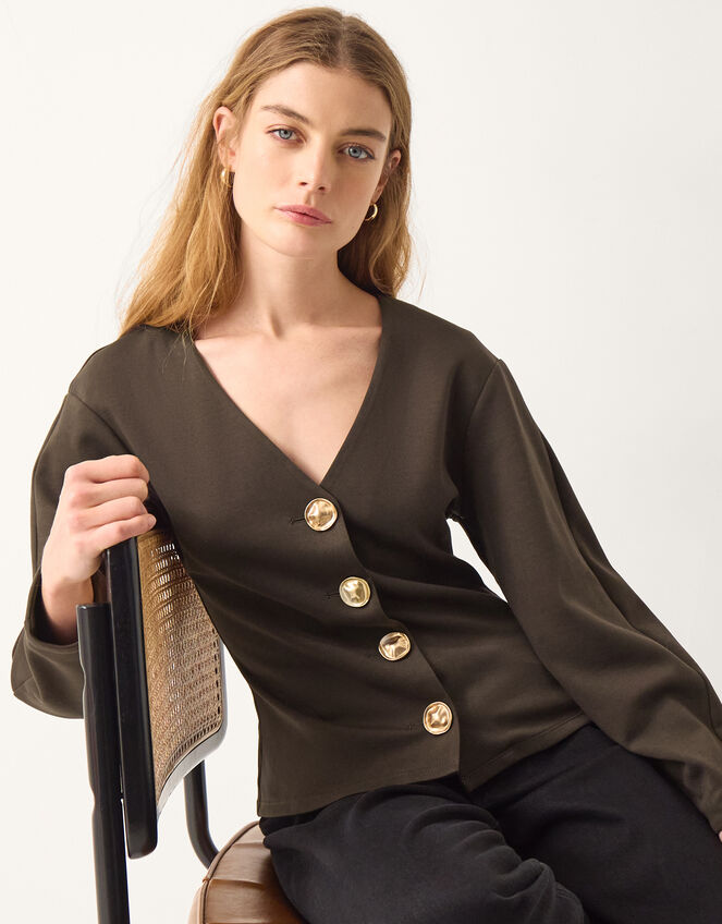 Perna V-Neck Button Jersey Top, Brown (CHOCOLATE), large