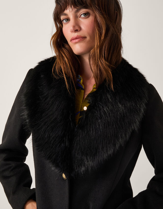 Fearne Faux Fur Collar Long Coat, Black (BLACK), large