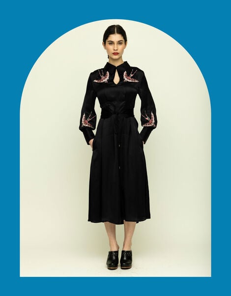 Tallulah & Hope Tamsin Bird Embroidered Midi Dress, Black (BLACK), large