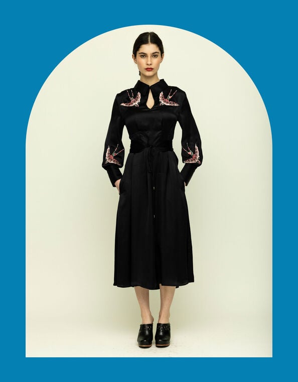 Tallulah & Hope Tamsin Bird Embroidered Midi Dress, Black (BLACK), large