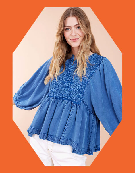 East Cinzia Tiered Denim Top, Blue (DENIM BLUE), large