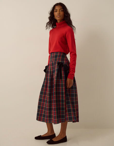 Dottie Velvet Bow Tartan Midi Skirt, Red (RED), large