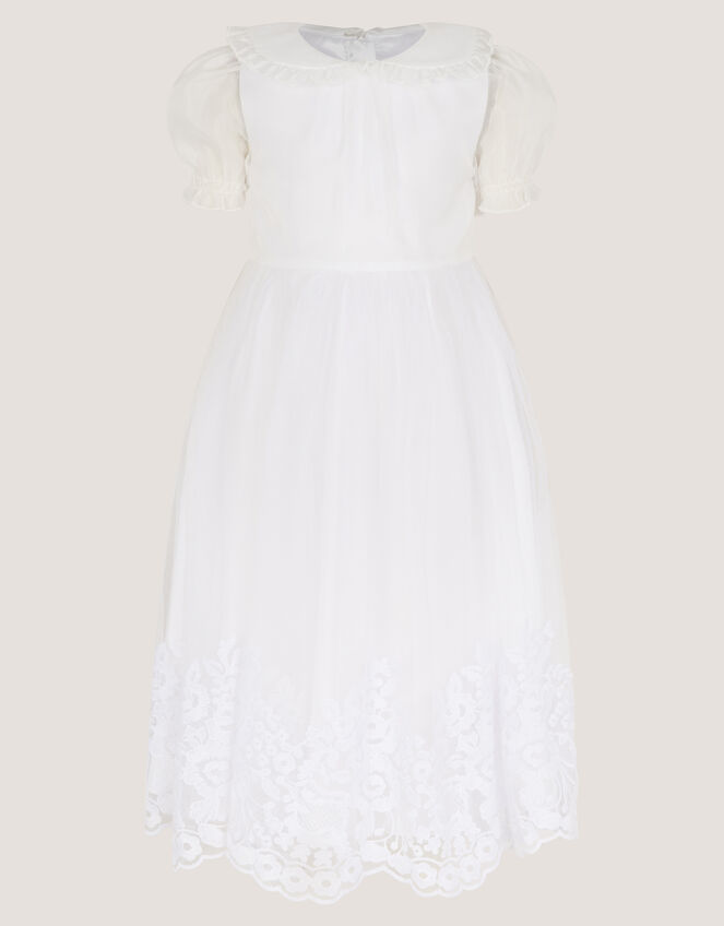 Puff Sleeve Floral Hem Dress, White (WHITE), large