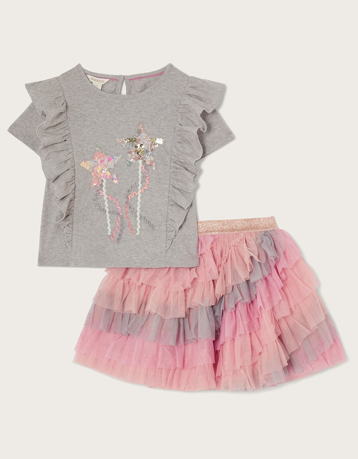 Sequin Star Top and Mesh Skirt Set Grey