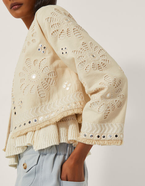 Calista Cutwork Cropped Jacket, Ivory (IVORY), large
