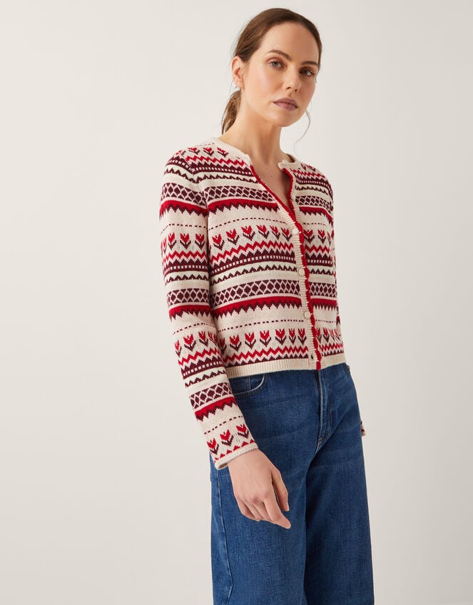 Juno Floral Fair Isle Cardigan, Ivory (IVORY), large